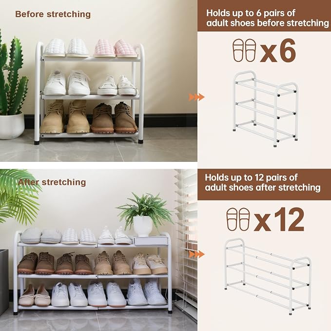 Gonfoam 3-Tier Expandable Shoe Rack,Adjustable Shoe Shelf Storage Organizer Heavy Duty Metal Free Standing Shoe Rack for Entryway Closet Doorway (White) - Image 6