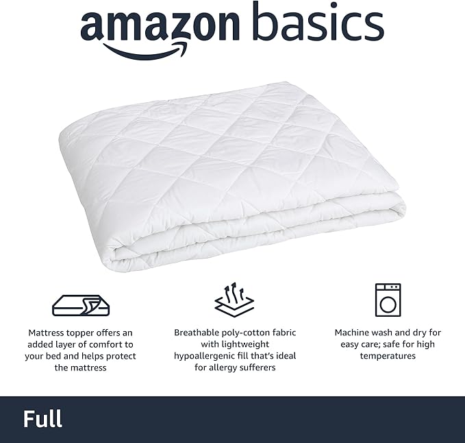 Amazon Basics Hypoallergenic Quilted Mattress Topper Pad, Cover 18 Inches Deep, Full, White