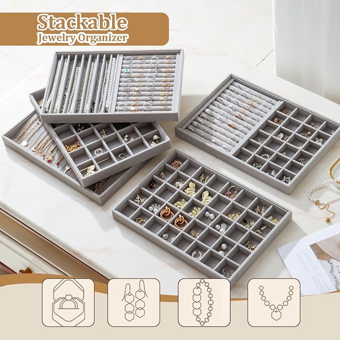 Large Velvet Jewelry Tray 2 Pack Stackable Jewelry Display Drawer Inserts Trays Organizer for Earring Bracelet Necklace Ring (Gray, 40 Grids) - Image 6