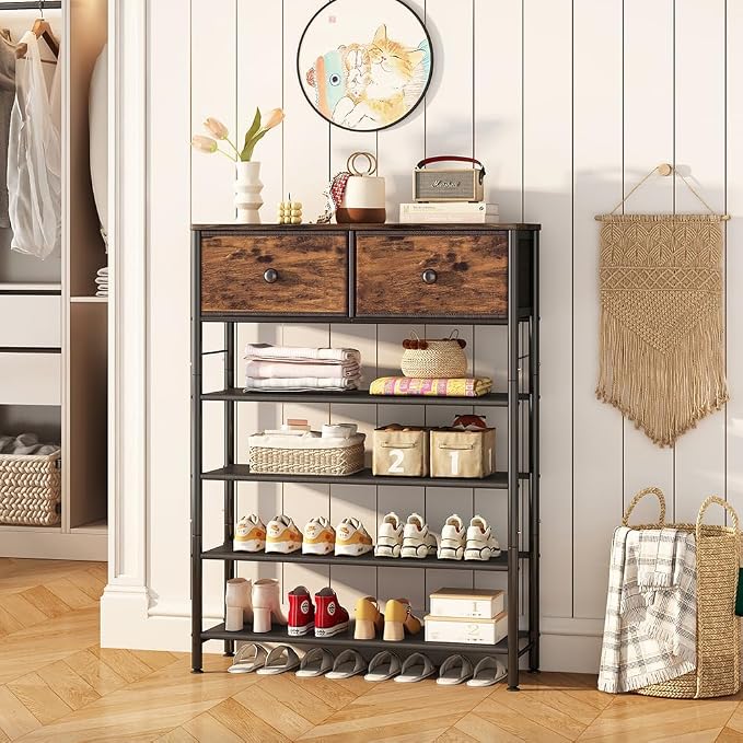 INGIORDAR Shoe Rack Organizer 5 Tier Metal Organizer Shelf with Industrial MDF Board and Layer Fabric for Entryway Closet Bedroom Living Room Garage (Black+Rustic Brown, 5 Tier with 2 Drawers) - Image 7