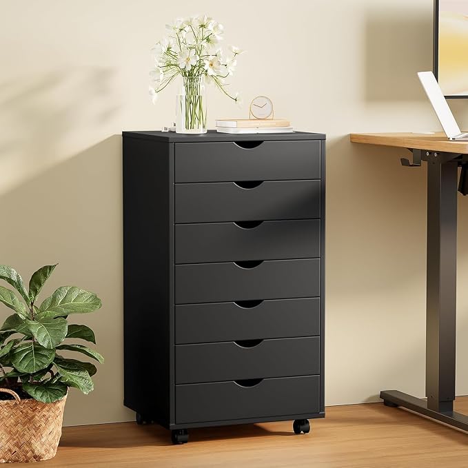 7 Drawer Mobile File Cabinet Under Desk Storage Organization with Wheels Vertical Filing Chest Rolling Wood Small Desk Printer Stand for Home, Black - Image 2