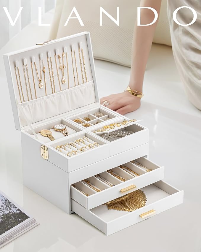 VLANDO 4 Layers Jewelry Box - Women Jewelry Box with Retractable Tray - Jewelry Organizer with Drawer for Necklaces, Rings, Bracelets, Earrings, Gift for Couples Mom Girls - White - Image 8