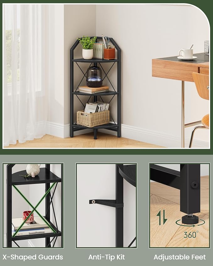 CHOEZON 3-Tier Corner Shelf, Industrial Corner Bookshelf, 35.4" Storage Stand, Plant Stand Display Shelf, Bookcase for Bedroom, Living Room, Home Office, Black TCJ03BB ﻿ - Image 4