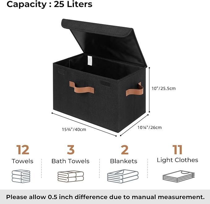 GRANNY SAYS Storage Bins with Lids, Decorative Storage Boxes with PU Handles, Black Storage Bin, Linen Closet Organizer, Shelf Baskets, Fabric Storage Bins for Clothes - Image 5