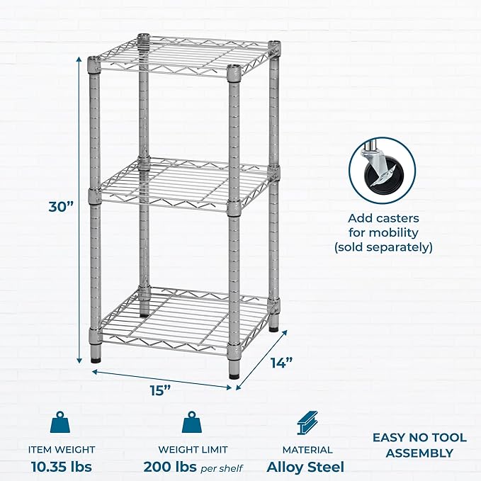 Honey-Can-Do 3-Tier Heavy Duty Adjustable Shelving Unit, 200-lb Per Shelf Stackable Modular Metal Storage Rack, Chrome Wire Shelf, 15 x 14 x 30 in - Image 3