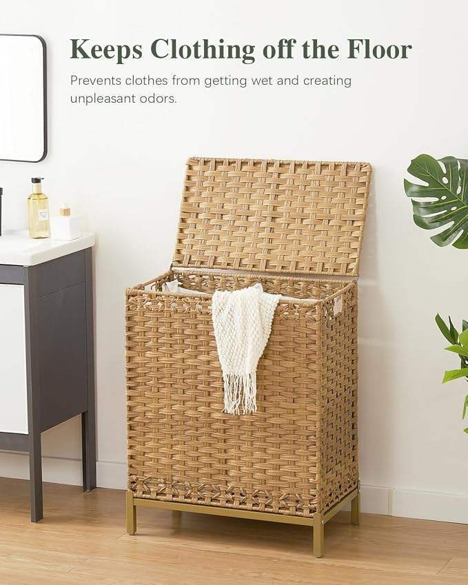 SETVSON Laundry Hamper with Lid, 112 L Handwoven Rattan Wicker Laundry Basket, 2 Removable Liner Bags Metal Heightened Feet, 6 Mesh Bags, 2 Section Large Clothes Hamper for Bathroom Bedroom, Natural - Image 2
