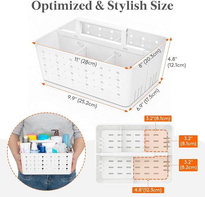 Lifewit Shower Caddy Portable, Cleaning Supplies Caddy Organizer with Handle and Adjustable Dividers, Plastic Shower Basket for Dorm Room Essentials, College, Bathroom, White, 1 Pack - Image 2