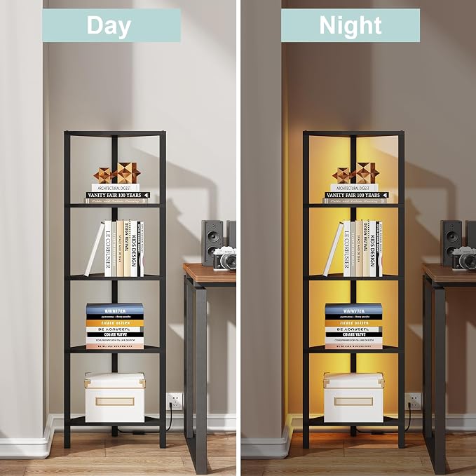 TUTOTAK Corner Shelf with LED Light, 5-Tier Corner Bookshelf for Small Space, Narrow Display Corner Shelf Stand with Storage Rack, for Living Room, Bedroom, Black BS05BK005L - Image 5