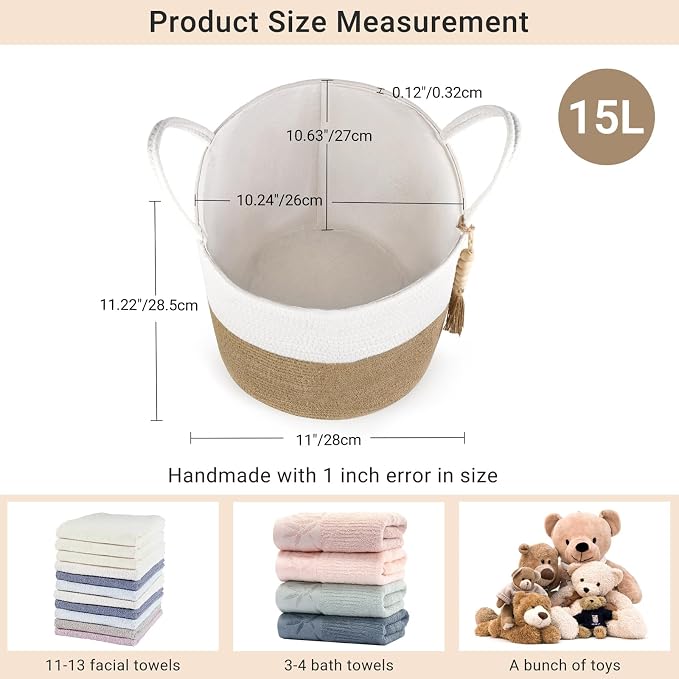 Mkono Woven Storage Basket Decorative Rope Basket Wooden Bead Decoration for Blankets,Toys,Clothes,Shoes,Plant Organizer Bin with Handles Living Room Home Decor, 11" W × 11" L, Cream White and Brown - Image 6