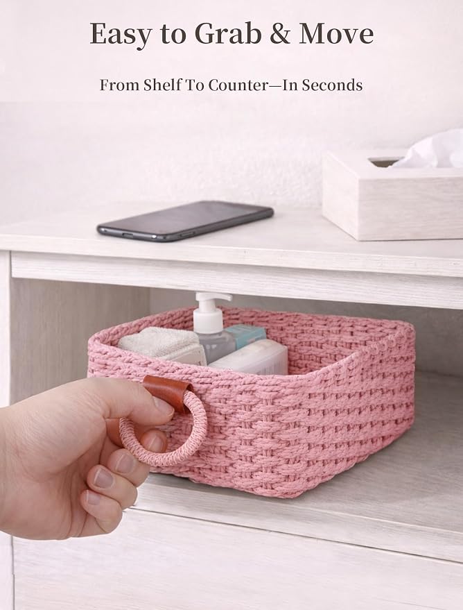Storage Basket, Recycled Paper Rope Bathroom Basket Organizer, 3Pcs Small Baskets for Organizing, Mini wicker Basket for Decorative Storage Bins, Shelves, Bathroom, Cabinet - Pink - Image 5