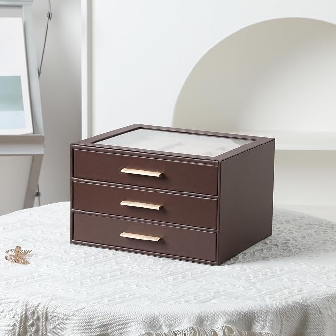 Frebeauty Clear Lid Jewelry Box,3-Layer Jewelry Organizer with Drawer,PU Leather Jewelry Organizers and Storage,Jewelry Boxes for Women,Jewelry Storage for Rings Earring Stud,Gift for Women(Brown) - Image 6