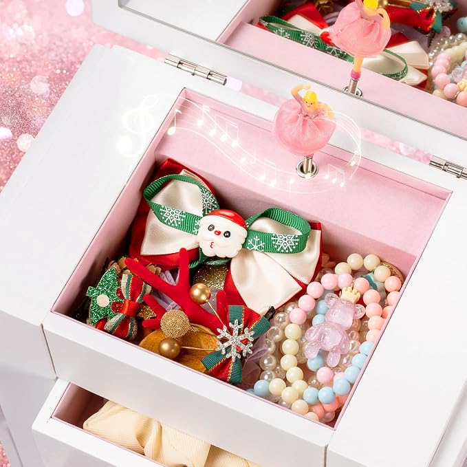 Emfogo Jewelry Box for Girls, Musical Jewelry Box with Spinning Dancer Gifts for Little Girls Christmas New Year Birthday Children's Day, 5 Layer Large Wooden Kids Music Jewelry Organizer Box(White) - Image 5