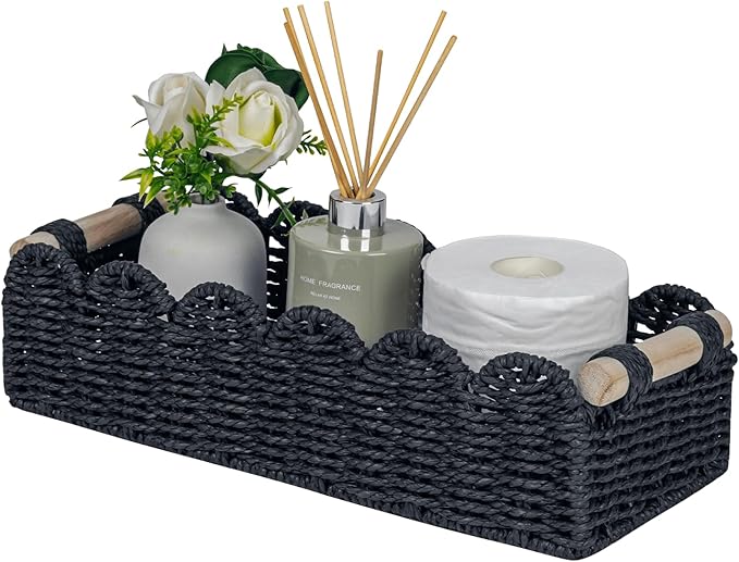 CubesLand Toilet Paper Storage Basket Scalloped Edge Home Decor Basket, Living Room Cozy Decor, Paper Rope Small Baskets for Over Toilet Storage Shelf, End Table, Shelves, with 2 Wooden Handles, Black by CubesLand
