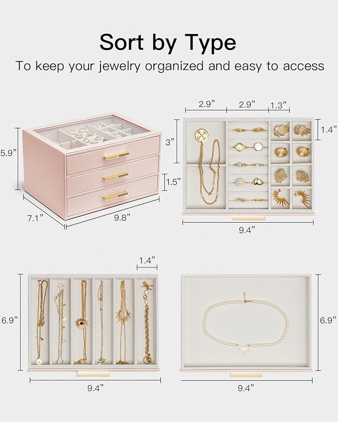 VLANDO Jewelry Box for Women, Glass Lid Jewelry Organizer with 3 Drawers for Necklaces Rings Earrings Bracelets Mother Day Gift for Mom - Dark Pink - Image 3