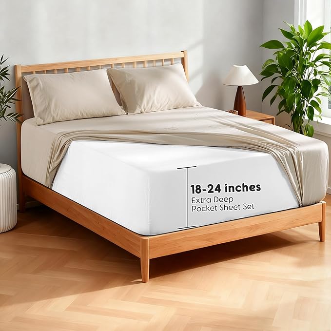 SONORO KATE 100% French Pure Linen Sheets, Extra Deep Pocket up to 18"-24", Breathable and Durable Linen Sheets, Anti-Tear Linen Bed Sheets, Machine Washable - 4 Piece (Natural Linen, Queen(24"deep))