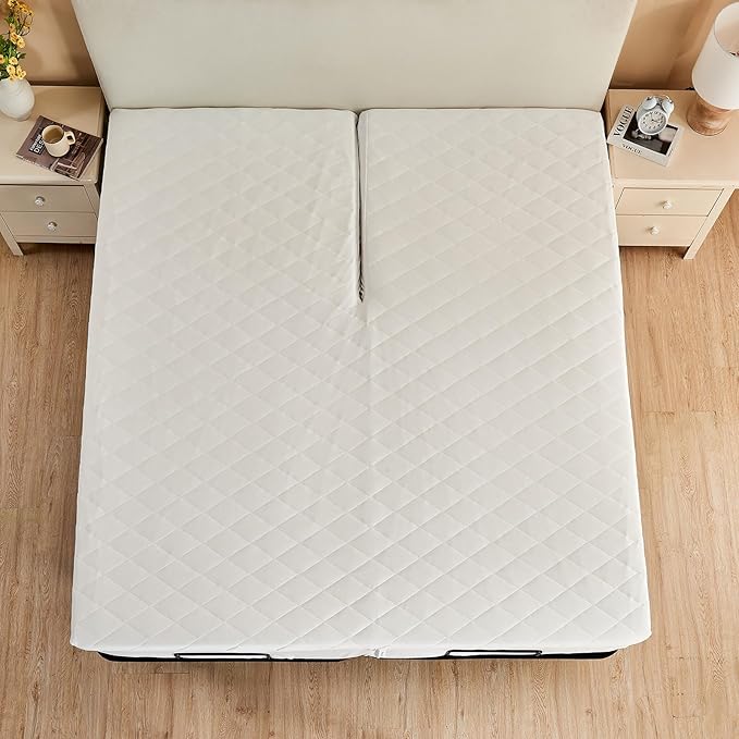 Kingnex Cotton Waterproof Split Top Cal King Mattress Protector for Ajdustable Bed with Upper Flex 32-34 from Head Soft Micorfiber Padded Fitted Quilted Mattress Topper Pad
