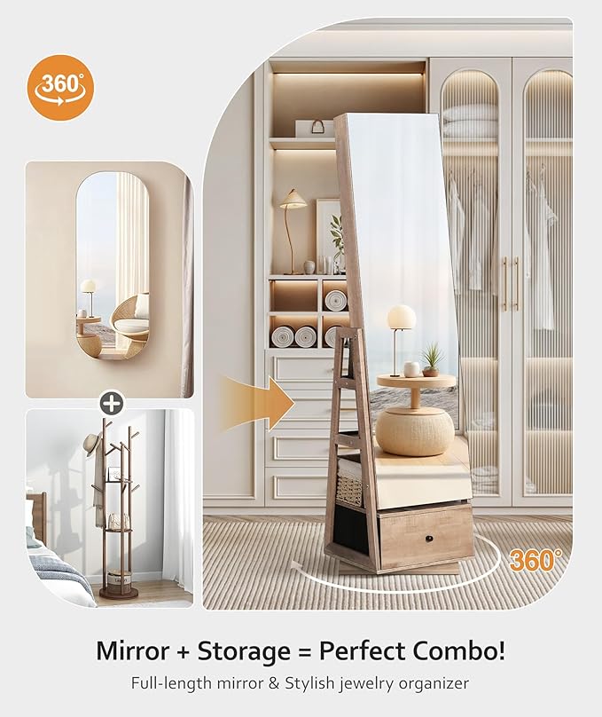 Nicetree 360°Swivel Jewelry Cabinet, Rotatable Full Length Mirror with Jewelry Storage, Standing Jewelry Armoire Organizer, Lockable Jewelry Organizer with 3 Rear Shelves, Bottom Drawer, Oak - Image 4