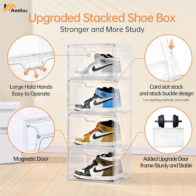Amllas 8 Pack Shoe Boxes Clear Plastic Stackable, Large Shoe Storage Organizer with Lids,Drop Side Shoe Containers for Entryway,Sneaker Storage Fit up to US Size 13 (13’’x 10.6”x 8.3”) - Image 3
