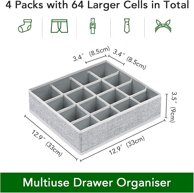 Joyoldelf Sock Drawer Organizer Divider Underwear Organizer 16-cell Fabric Dresser Drawer Organizers Storage Boxes for Socks Lingerie, Handkerchiefs, Ties 4 Pack (Blended-Grey) - Image 2