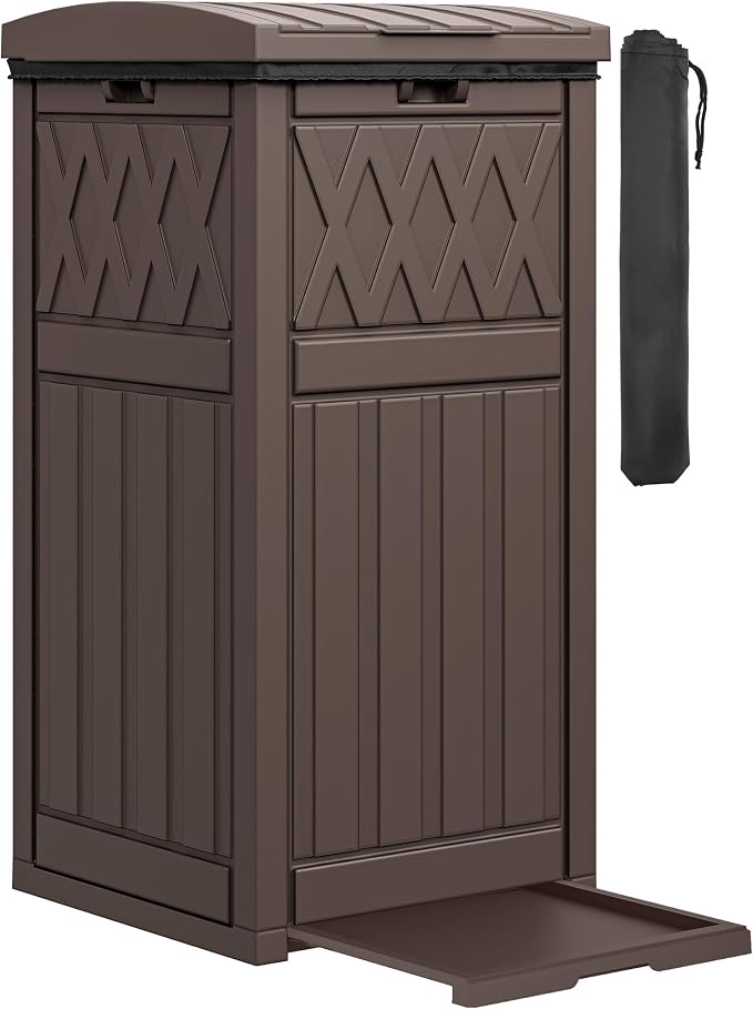 DWVO 36-Gallon Outdoor Trash Can with Fabric Bag, Tiered Lid & Drip Tray, Waterproof Resin Garbage Bin for Patio, Deck, and Backyard, Dark Brown by DWVO