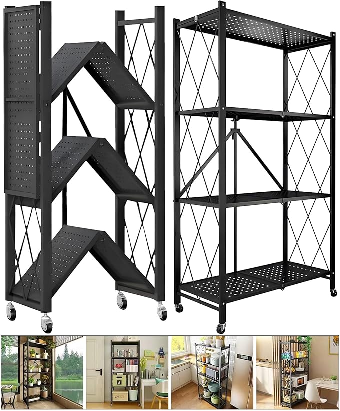 Kitchen Garage Metal Shelves, Storage Shelves Organizer, Foldable Metal Shelving, Closet Shelving Unit, 28" W x 14" D x 50" H Bakers Rack Microwave Stand, Plant Stand with Wheels (4-Tier Shelf) - Image 5