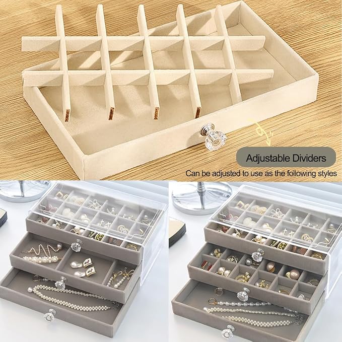 SPAKOWN Earring Box Holder Organizer Display Case, Clear Velvet Jewelry Storage Tray Organizer for Earring Ring Stud (Grey - 3 Drawers) - Image 4