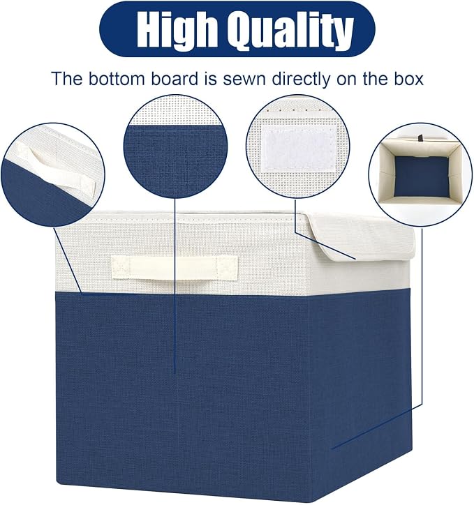 Bagnizer Large 42 Quarts Fabric Storage Bins with Lids [2-Pack] Linen Collapsible Foldable Baskets, Closet Organizer Containers boxes with Handles for Home Office (16.7 x 12 x 12, Navy Blue & White) - Image 4