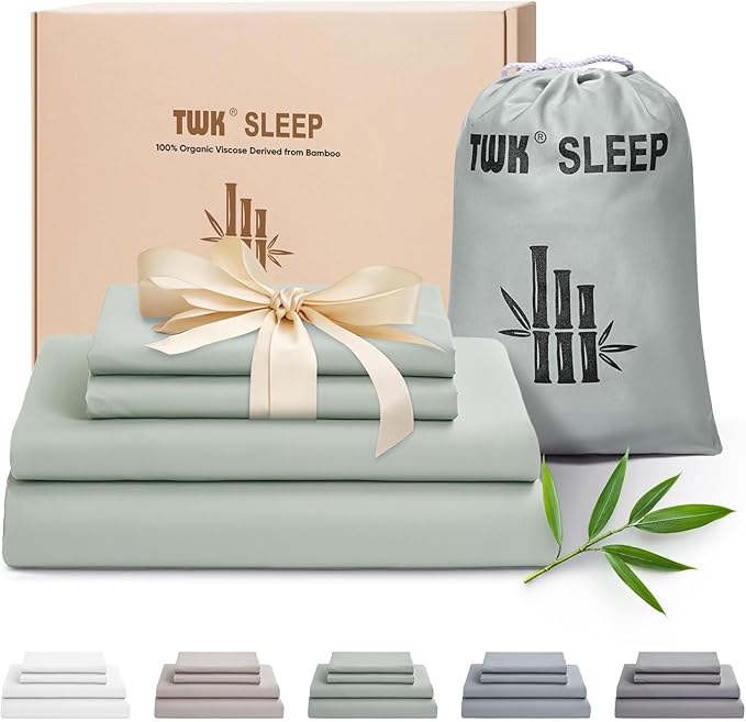 TWK Luxury Sheet Set, Genuine 100% Organic Viscose Derived from Bamboo, Cooling & Breathable, Silky Soft, Bedding Sheets & Pillowcases (Sea Glass, Queen)