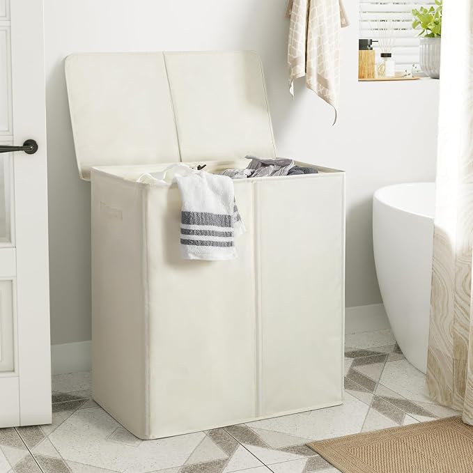 WOWLIVE 140L Double Laundry Hamper with Lid and Removable Laundry Bags, Large Dirty Clothes Hamper 2 section Collapsible Laundry Basket Dorm Room Storage for Bedroom, Bathroom, College,Beige - Image 2