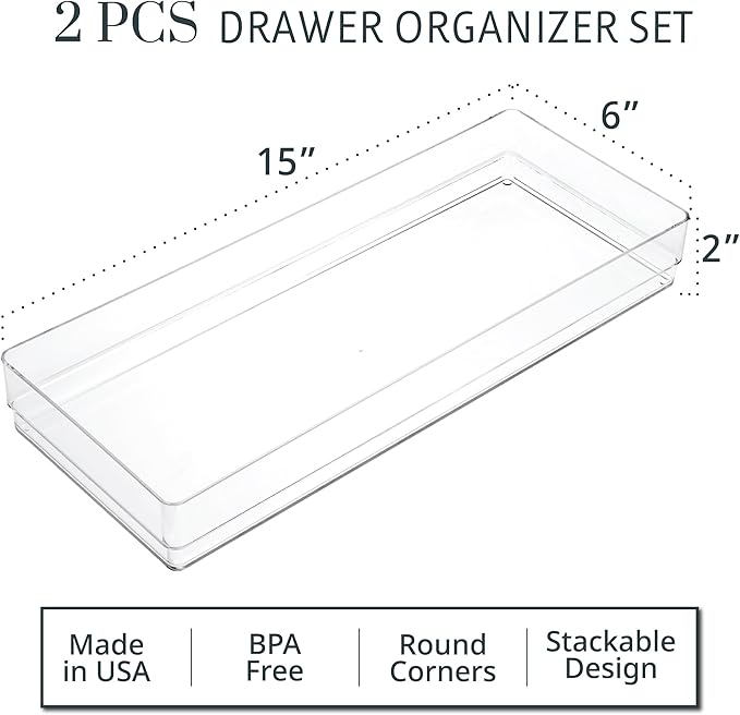 STORi SimpleSort 2-Piece Stackable Clear Drawer Organizer Set | 15" x 6" x 2" Rectangle Trays | Wide Makeup Vanity Storage Bins and Office Desk Drawer Dividers | Made in USA - Image 2