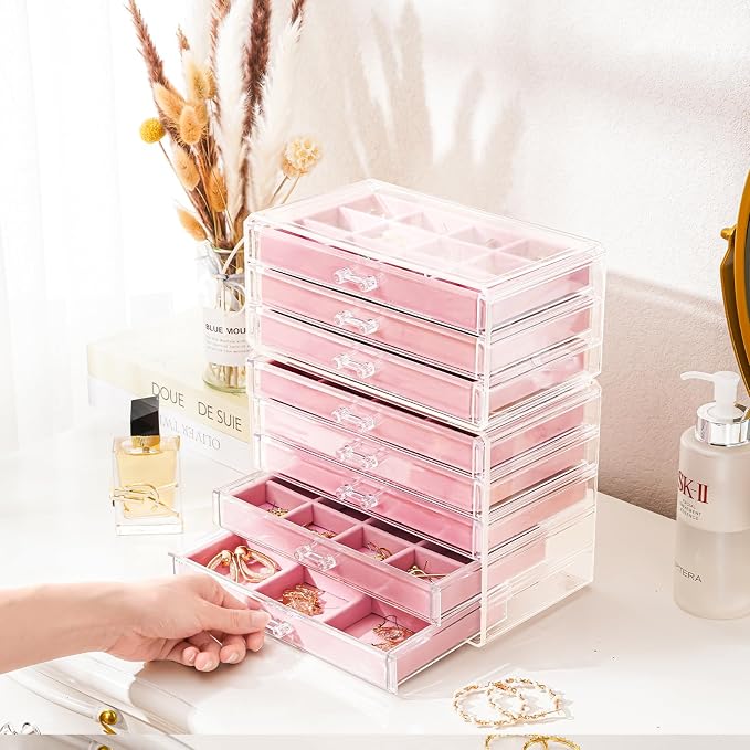 ProCase Earring Holder Organizer Jewelry Box with 8 Drawers, Acrylic Clear Earring Case with Adjustable Velvet Trays for Women - Pink, 8 Layers - Image 3