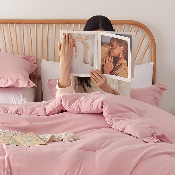 JANZAA Full Comforter Set Baby Pink Ruffle Comforter with 2 Pillowcase Soft Full Size Bed Set Vintage Farmhouse Bed Comforter Set Fluffy Shabby Chic Bedding for All Season