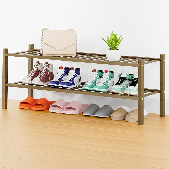 Smiry Shoe Rack, 2 Tier Thick Long Bamboo Shoe Organizer, Stackable Free Standing Wooden Shoe Storage Shelf for Closet, Entryway, Front Door Entrance, Walnut by Smiry