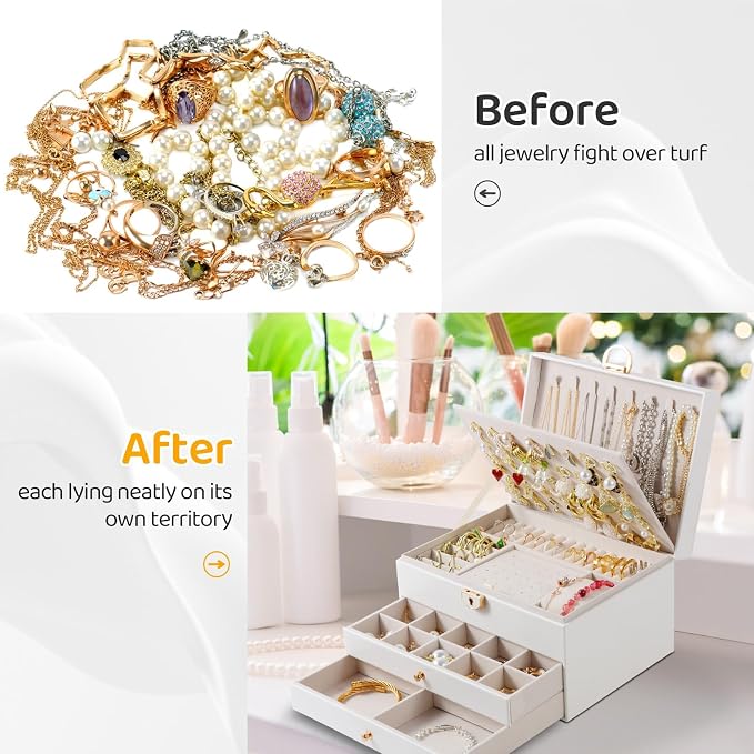 Jewelry Box, 3-Layer Jewelry Boxes for Women, Stud Earings Holder Jewelry Organizers and Storage with Removable Jewelry Tray, PU Leather Vintage Quilted Top Lockable Jewelry Holder Gift Idea - Image 5