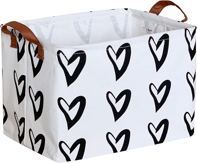 CLOCOR Heart Rectangular Basket, Cute Pattern Storage Bin, Collapsible Waterproof Storage Box with Handles for Kids, Gift Baskets, Shelf Basket (Black Hearts) by CLOCOR