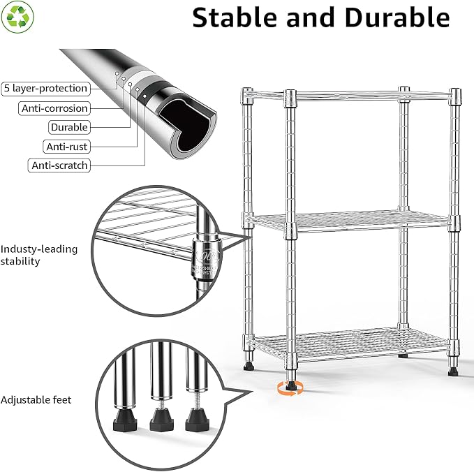 M MZG 450 lbs Wire Storage Shelving 3-Tier Utility Shelving Unit Steel Organizer Wire Rack for Home,Kitchen,Office,Chrome(11.8" D x 17.7" W x 26.4" H) - Image 8