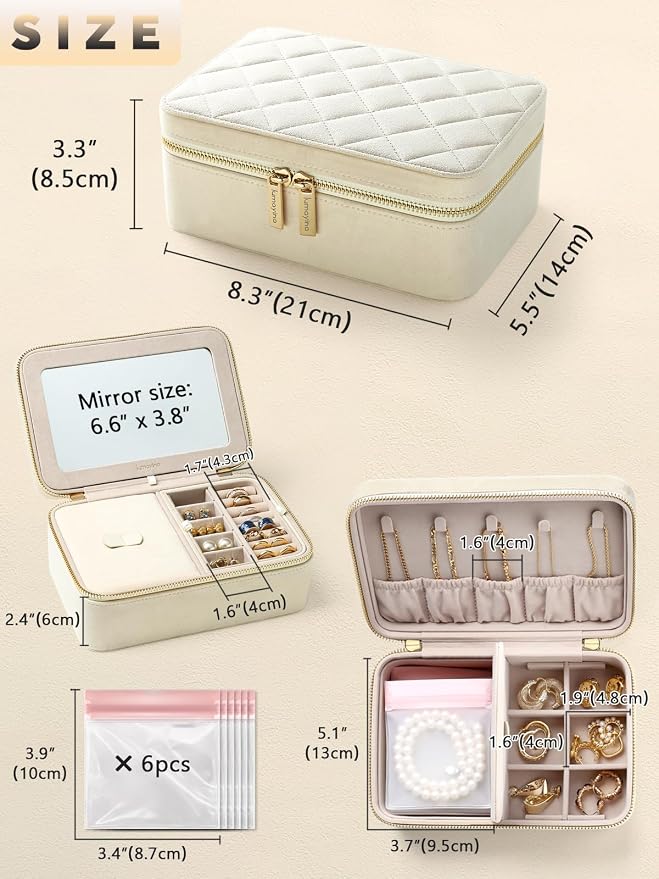 Velvet Travel Jewelry Box with Large Mirror, Double-Layer Jewelry Organizer Case for Women and Girls, Portable Storage Case with 6 Anti-Tarnish Bags Gift Ready for Her (Beige) - Image 2