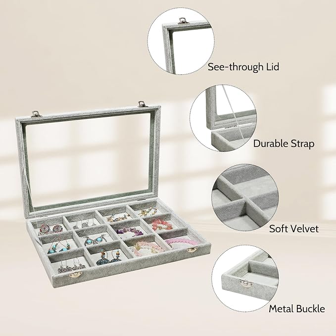 Stratalife Jewelry Holder Organizer Jewelry Organizer Box Bracelet Storage Velvet Jewelry Tray with Clear Lid Jewelry Drawer Organizer Jewelry Display Tray 12 Grid Grey - Image 5