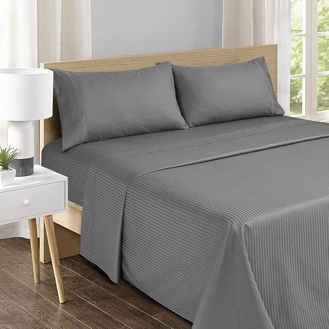 Feather & Stitch 500 TC Twin Size Damask Bed Sheet Set, 100% Cotton Soft Breathable Bedsheets, 3 Piece 18" Deep Pockets Sateen Weave Striped Bedding Mattress Resort Hotel Luxury- (Grey Stripe)