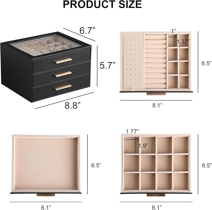 Frebeauty Clear Lid Jewelry Box,3-Layer Jewelry Organizer with Drawer,PU Leather Jewelry Organizers and Storage,Jewelry Boxes for Women,Jewelry Storage for Rings Earring Stud,Gift for Women(Black) - Image 3