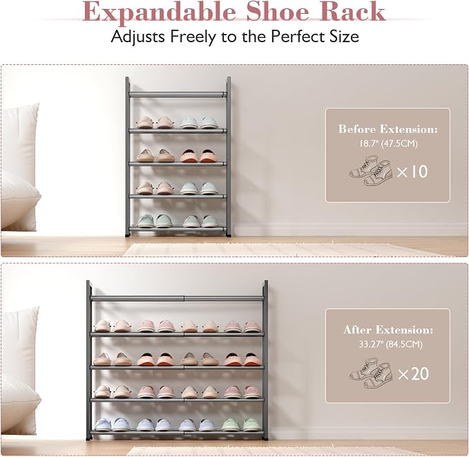 Bumusty 5-Tier Expandable Shoe Rack for Closet, 18“-33” Adjustable Shoe Rack for Small Space, Small Shoe Organizer for Front Door, Sturdy Metal (Grey) - Image 5