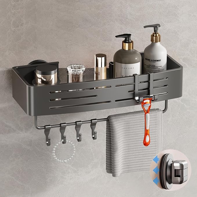 Voldra Shower Caddy Suction Cup, 1 Pack Shower Shelves for Inside Shower No Drilling, Aluminum Suction Showers Organizer with Towel Bar & Hooks Removable Bathroom Shelf Storage Rack(Gray) by VOLDRA