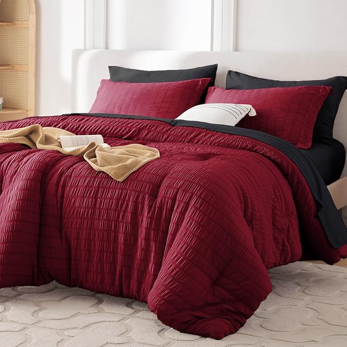 MUXHOMO 5 Pieces Twin XL Comforter Set, Seersucker Bed in a Bag Twin XL Size, All Season Luxury Bedding Set with Comforter, Flat Sheet, Fitted Sheet, Pillowcase & Sham, Red & Black