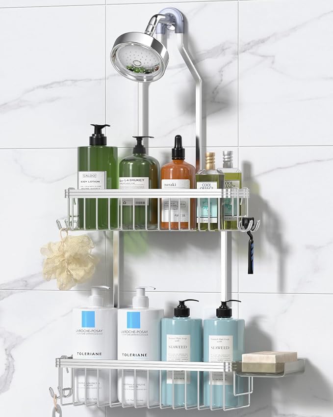YASONIC Shower Caddy Hanging, Never Rust Shower Organizer Hanging, Aluminum Shower Racks for Inside Shower with Hooks for Razor, Bathroom Organizers and Storage with Soap Holder, Bright Silver by YASONIC