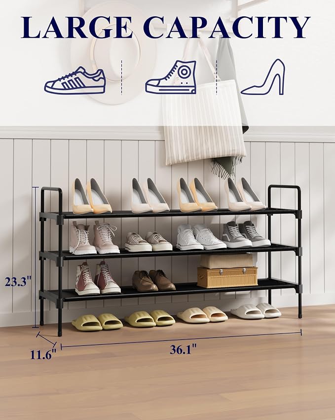 Kitsure Shoe Rack for Closet, Shoe Organizer for Front Door Entrance, Stackable Shoe Shelf, Detachable Closet Organizers and Storage, 36.1" Wide - 3 Tiers, Black - Image 2