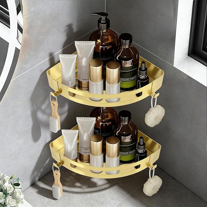 NearMoon Bathroom Corner Shelf Shower Caddy 2 Pack, No Drill 304 Stainless Steel Shower Organizer with 2 Hooks (Gold) - Image 7