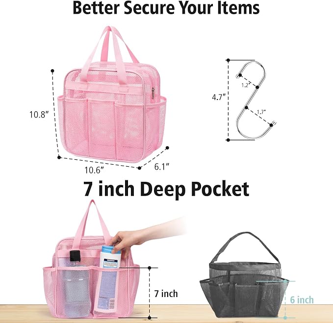 F-color Mesh Shower Caddy Portable with Zipper - Upgrade Deeper 7 Pockets Dorm Room Essentials for Guys Girls with S Hook, Shower Bag Basket Tote for College Camping Toiletry Bathroom, Pink - Image 4
