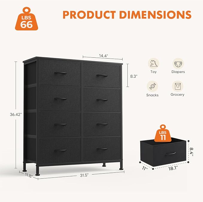 Sweetcrispy 8 Drawer Dresser with Fabric Bins Fabric Storage Tower Organizer for Bedroom Closet Hallway Entryway Tall Chest of Drawers with Steel Frame Wood Top Easy Pull Handles,Black - Image 3