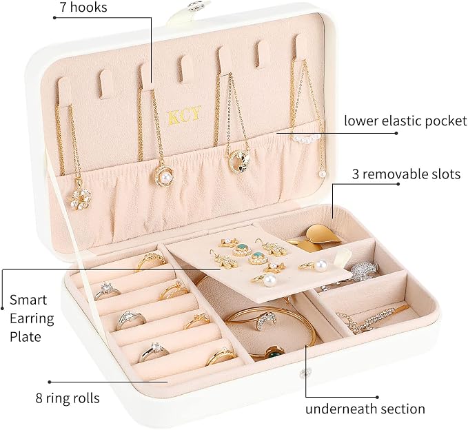 KCY Jewelry Box for Women Girls,Small Travel Jewelry Organizer Case,PU Leather Portable Jewellery Storage Boxes Display Holder for Ring Earrings Necklace Bracelet Bangle, Men Teen Kids Gift, White - Image 2