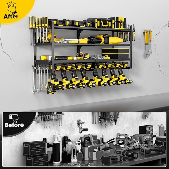 POKIPO Large Power Tool Organizer Wall Mount,4 Layers Heavy Duty Metal Loads 400lbs,Power Tool Shelf Battery Storage with 8 Cordless Drill Holder,Utility Racks for Garage Workshop - Image 5
